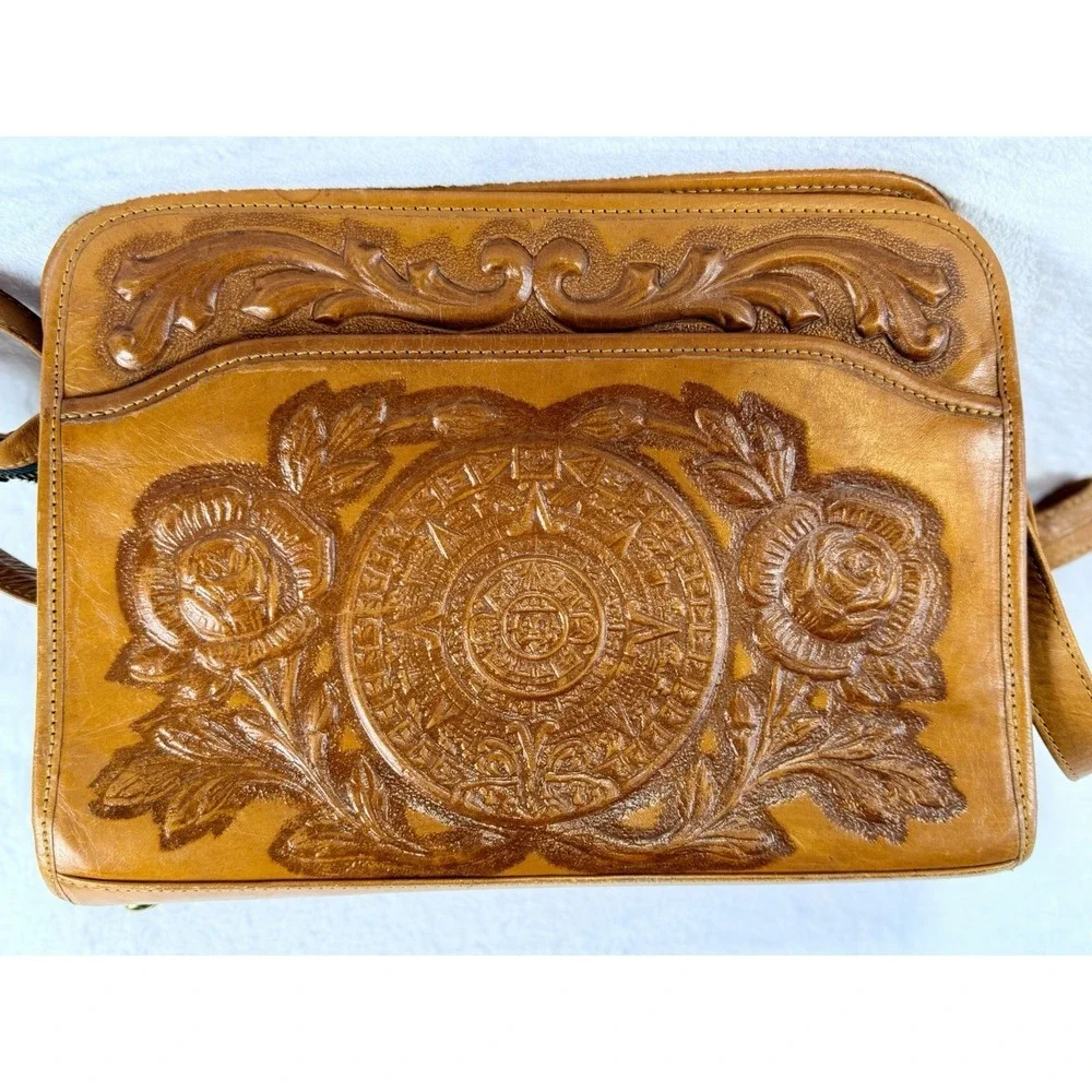 VTG‎ 70s Mont-Abur Mexican Tooled Leather Handbag Mayan Deity Aztec Sun Calendar